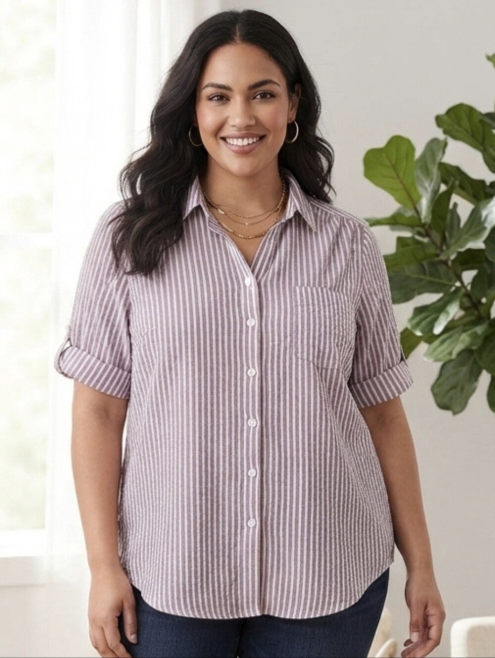 100% Cotton Woman Within Lavender and White Striped Plus Size Seersucker Blouse